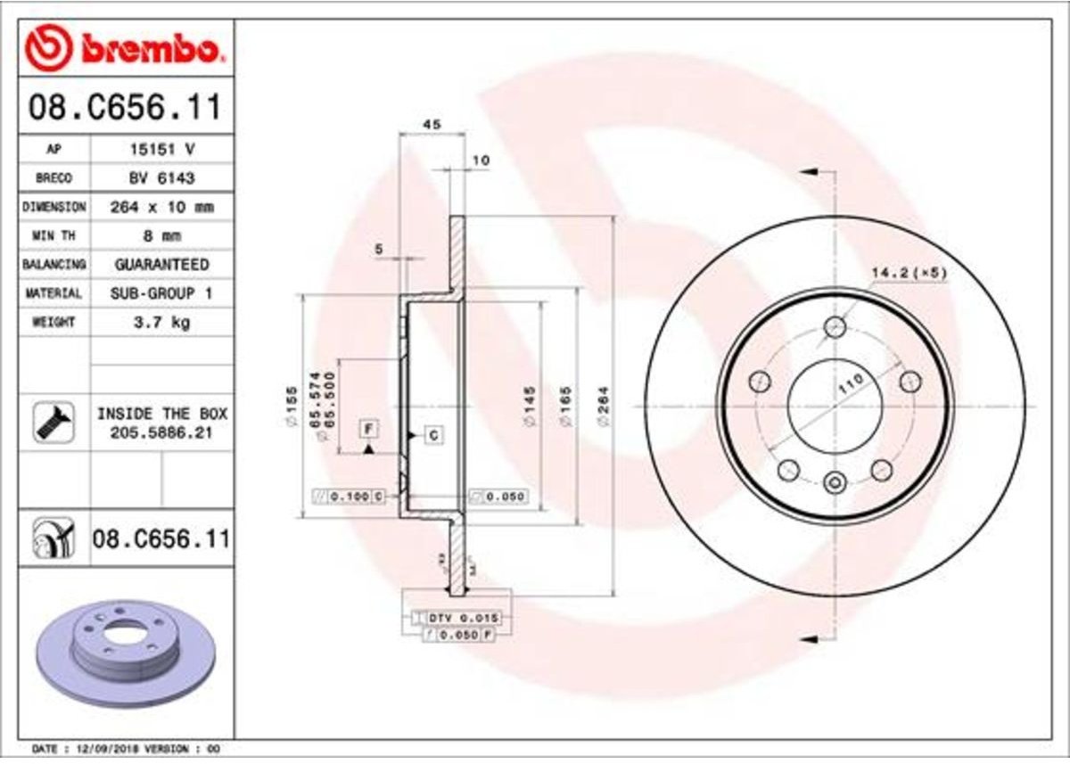 Disque de frein BREMBO 08C65611 arrière, plein, 1 pièce