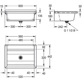 KWC AR Waschrinne, PLANOX, Edelstahl, W.-Mont., 600x210x442 mm, m. Arm-bank