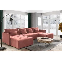 U-Form Ecksofa Ben Polsterecke aus Velours Eckcouch mit Schlaffunktion Bettkasten u-förmiges Corner Sofa, Farbe: Rosa - Rosa