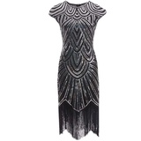 shoperama 20er Jahre Charleston Kleid Pailletten Fransen Flapper Gatsby 20's Fransenkleid Damen-Kostüm, Größe:XXL, Farbe:Schwarz/Silber