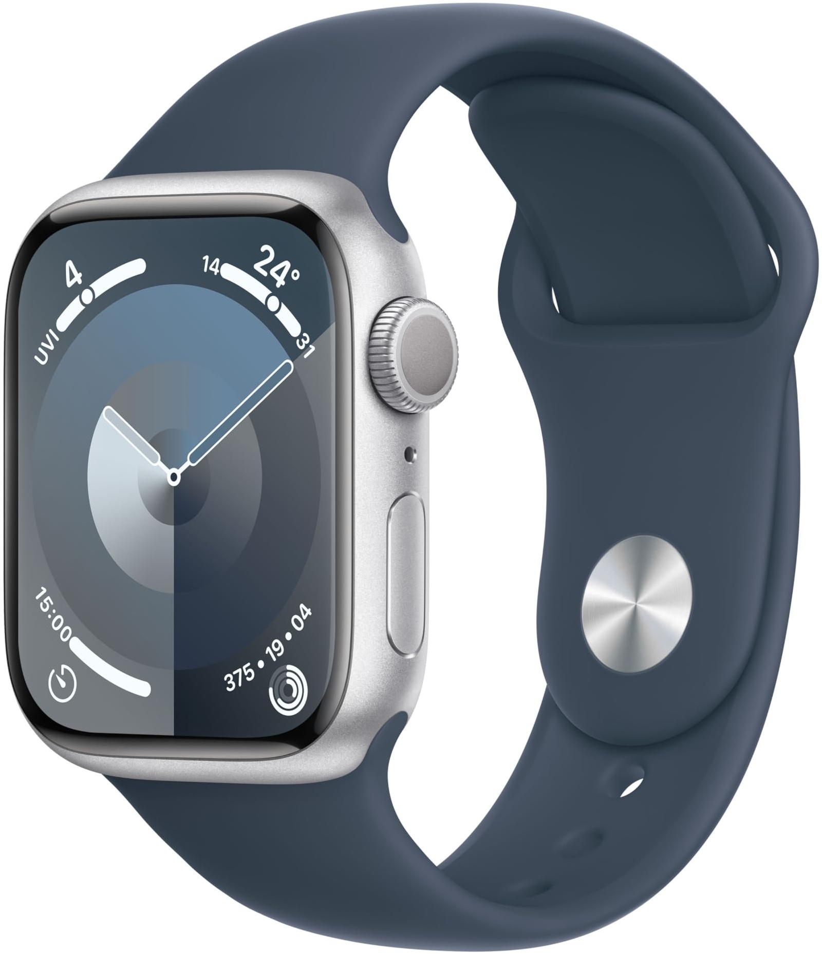 Apple Watch Series 9 (GPS, 41 mm) Smartwatch mit Aluminiumgehäuse in Silber und Sportarmband S/M in Sturmblau. Fitnesstracker, Blutsauerstoff und EKG Apps, Always-On Retina Display, Wasserschutz