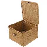 DOITOOL Aufbewahrungskorb aus Stroh, Rattan, mit Deckel, quadratisch, Weidenkorb, Tee-Aufbewahrungsbox mit Abdeckung, Organizer, Heimdekoration (groß)