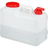 Relaxdays Wasserkanister mit Hahn, Schraubdeckel, Trinkwasserkanister Camping, 15l Tank, BPA-frei, Kunststoff, weiß-rot