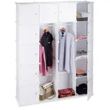 Relaxdays Kleiderschrank Stecksystem mit 2 Kleiderstangen, Garderobe mit 14 Fächer, Kunststoff Regalsystem, weiß