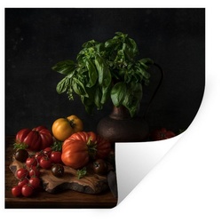 MuchoWow Wandsticker Stilleben – Tomaten – Basilikum – Gemälde – Gemüse – Schwarz (1 St), Wandaufkleber, Wandtattoo, Selbstklebend, Wohnzimmer, Schlafzimmer bunt