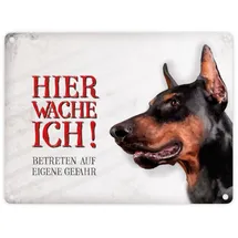 trendaffe Metallschild mit Dobermann Motiv und Spruch: Betreten auf eigene Gefahr - Hier wache ich!