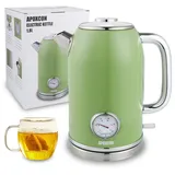 APOXCON Retro Wasserkocher mit Thermometer, 1,8L Edelstahl-Teekessel, Schnellkochfunktion, Auto-Abschaltung, BPA-Frei, Grün
