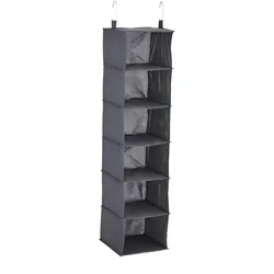 Relaxdays Hängeregal Kleiderschrank, 6 Fächer, Stoff, HBT: 139 x 30 x 30 cm, 2 Haken, Kleideraufbewahrung hängend, grau
