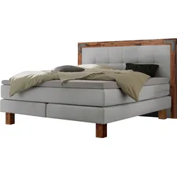 Boxspringbett HASENA "Memphis", grau (grau, akazie braun), B:178cm L:206cm, Komplettbetten, Boxspringbett, im Vintagelook, Massivholz-Umrandung, Tonnentaschen-Federkernmatratze