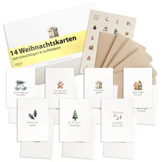 milula studios 14 Weihnachtskarten mit Umschlag Set Pastell - Schöne Weihnachtskarten Adventskarten zum Aufklappen - Karten Weihnachten Set - Weihnachtskarte Set Postkarten - Weihnachten Karte mit Stickern D012 D012