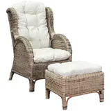 FineHome XXL Relaxsessel Korbsessel Ohrensessel mit Fußhocker aus Rattan, inkl. Polster beige Gartensessel Rattansessel mit Hocker