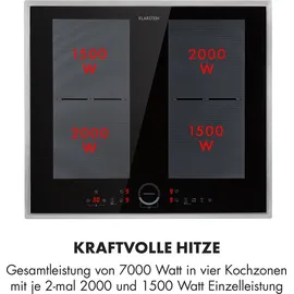 Klarstein Induktionskochfeld, Glaskeramik Kochfeld, Induktionskochfeld mit 4 Platten, Einbau-Induktionskochfeld mit Touch-Display, Digitalanzeige und Timer-Funktion, Schnelles Aufheizen, 7000 Watt