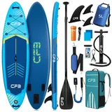 CFB SUP-Board Set 320x84x15 cm extra breit, Bis zu 160 kg, aufblasbar Stand Up Paddle Board, (iSUP Komplett-Set, 12 tlg., mit Alu Paddel, Pumpe, Rucksack, Leash, 5L Dry Bag und Schultergurt), Paddleboard aufblasbar für Anfänger & Erwachsene blau