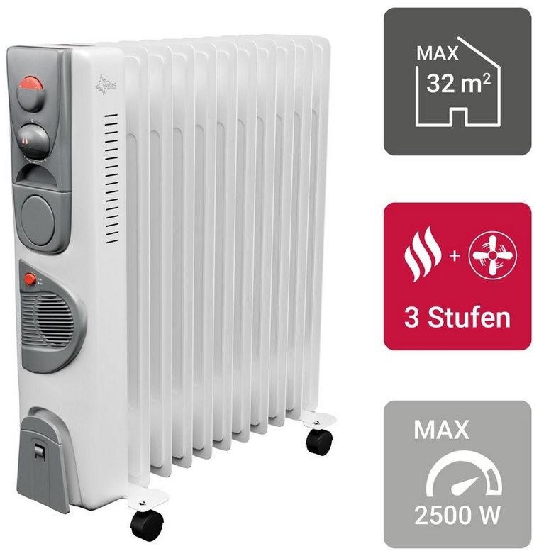 Suntec Wellness Ölradiator Heat Safe 2500, 2500 W, 2 in 1 Elektroheizung mit Heizlüfter, 400 W Heizgebläse, 11 Lamellen