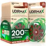 200 Batterien für Hörgeräte Größe 312 Udirmax PR41 Braun Zink-Luft mit Dynamic Sonar Technologie Öko-Pack - 20 umweltfreundliche Blisterpackungen mit 10 Hörgerätebatterien
