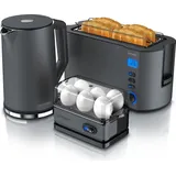 Arendo 3-teiliges Frühstücksset, Wasserkocher ELEGANT 1,5l, 4-Scheiben Toaster, 6er Eierkocher, Grau