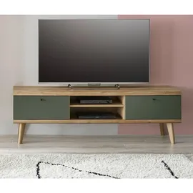 furn.design Tv-Lowboard, Salbeigrün, Eiche, Metall, Nachbildung, Echtholz,Eiche, Holz Optik, Uni, 1 Fächer, Rechteckig, rund, 160x50x40 cm, FSC 100%, Wohnzimmer, Wohnwände, Lowboards, Lowboards stehend