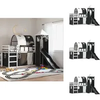 Etagenbett mit Rutsche und Gardinen Weiß und Schwarz 90x190 cm - Etagenbett - Hochbett - Kinderbett - Holzbett - Kiefernholzbett