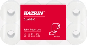 KATRIN Toilettenpapierrolle 250 Blatt, Weiches, saugfähiges Qualitäts-Toilettenpapier, 2-lagig, 1 Packung = 8 Rollen à 250 Blatt