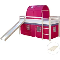 Homestyle4u Hochbett 90 x 200 cm Kiefer massiv weiß pink