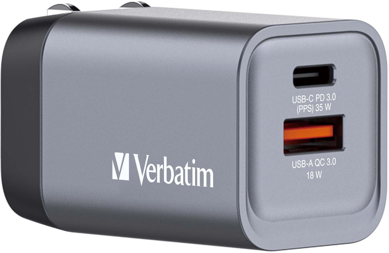 Verbatim GaN Charger 35 W, 2 Ports USB-C Ladegerät, Power Adapter mit USB-C und USB-A, Schnellladegerät als Mehrfachstecker, für Apple iPad, iPhone, Samsung und Co