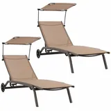 KOMFOTTEU Relaxliege Liegestuhl Gartenliege, 2 Teile, mit Dach, Rollen & Getränkehalter braun
