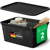 Novaliv 2er Set Eleganter Aufbewahrungskorb mit Deckel in Rattan-Optik | Schwarz Lebensmittelecht Kunststoff 5L – Perfekt für Bad & Kleidungsauf...