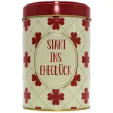 Dekohelden24 Metall-Spardose - Blechdosen-Design - Motiv: Start ins Eheglück, Blümchendesign in Rot und Beige, Größe H/Ø ac. 14 x 9 cm