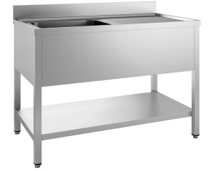 Gastro-Inox Spültisch, mit links 1 Becken, Tiefe 600 mm, Hochwertiger Spültisch mit Überlaufrohr und Ablaufventil, Maße: (L x T x H) 1600 x 600 x 880 mm, Grundboden + Aufkantung