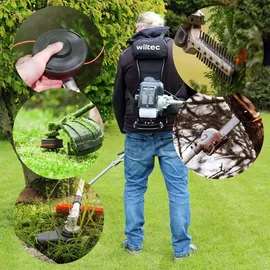 Wiltec 4-in-1 Multifunktionsgerät mit 4-Takt-Motor mit Rucksack, Backpacker Multigartengerät, Multitool Gartenwerkzeug mit u.a. Rasentrimmer