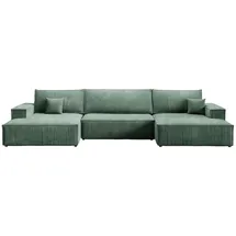 bromarkt Ecksofa PABLO U-Form mit Schlaffunktion, Beige, Cord Wohnlandschaft mit Bettkasten - 4 Stk - POSO 14 - Grün