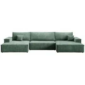 bromarkt Ecksofa PABLO U-Form mit Schlaffunktion, Beige, Cord Wohnlandschaft mit Bettkasten - 4 Stk - POSO 14 - Grün