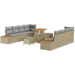 vidaXL 11-teiliges Garten Sofa Set mit Kissen Beige Poly Rattan Akazie