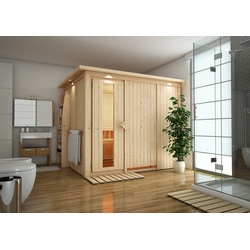 KARIBU Sauna Gobin mit Zierkranz und Beleuchtung am Dach Ofen 9 kW integr. Strg
