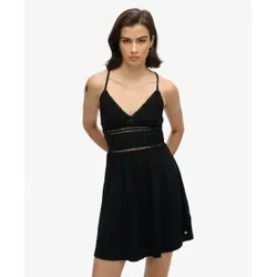 Superdry für Damen. W8011735A Schwarzes Kleid aus Strick und Spitze (L), Lässig, Baumwolle, Ärmellos / Hosenträger