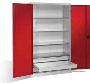 C+P Schwerlastschrank mit Drehtüren, 4 Böden und 3 Schübe, H1950xB1200xT500mm Front Rubinrot Korpus Lichtgrau