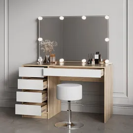 livinity® Schminktisch, Weiß, Sonoma Eiche, Holzwerkstoff, 5 Fächer, 5 Schubladen, Rechteckig, 120x75x55 cm, Wohnzimmer, Wohnzimmertische, Konsolentische