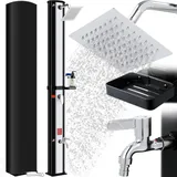 Solardusche 40 L, Gartendusche Warmwasser bis 60°C, mit Regenduschkopf, Wasserhahn, Seifenkiste & Schutzhaube, 4PCS Bodennägel, Pooldusche Camping für Garten, Balkon & Pool, ohne Stromanschluss