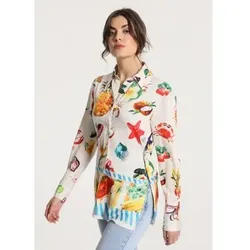 Victorio & Lucchino, V&L für Damen. 330098049 Bedruckte Bluse mit Seitenschlitzen weiß (XS), Lässig, Polyester, Langarm