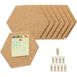 Relaxdays Korkpinnwand 14er Set, sechseckige Korkwände, Büro Pinnwände mit Pins & Klammern, HBT: 17,5x20x0,5 cm, natur