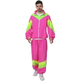 MUWO Retro 80er Jahre Trainingsanzug Kostüm MIESEPETER – Set mit Jacke und Hose, Kontrast-Streifendesign, Stehkragen - lockere Passform, geeignet für Volksfeste & Karneval (Rosa, S/M)