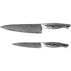 Muxel 2-tlg Messer Set Damast V10 Edelstahl 62 Lagen Kochmesser und Gemüsemesser extra scharf V - Kante für Links- und Rechtshänder