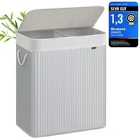 Songmics Wäschekorb 2 Fächer, 100 L mit Deckel, Wäschebox Bambus, mit Griffen, faltbar, Wäschesack herausnehmbar maschinenwaschbar, Waschküche, grau