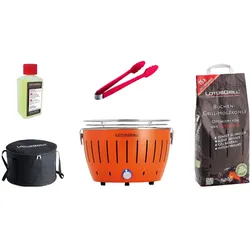 LotusGrill S Small Kompakt Starter-Set Mandarinenorange raucharme Holzkohlegrill mit 2,5 kg Buchenholzkohle, 200 ml Brennpaste, 1x Zange (Farbe nach