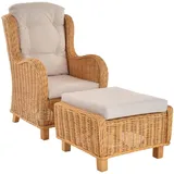 Set/2 Exklusiver Lesesessel Birmingham Sessel aus Rattan mit Hocker (Honig)