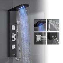 ROVOGO LED Duschpaneel mit Thermostat, 4-Funktionen (Regendusche, 2 Massagedüsen, Handbrause und Badewanneneinlauf), Edelstahl Duschpaneel mit Armatur, Schwarz