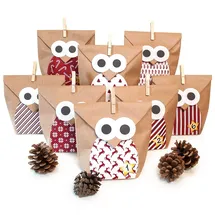 Pajoma Adventskalender zum Befüllen Eule rot 24 Kraftpapiertüten Geschenktüten Weihnachten, Weihnachtskalender DIY Bastelset inkl. Aufkleber, Klammern von pajoma
