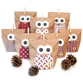 Pajoma Adventskalender zum Befüllen Eule rot 24 Kraftpapiertüten Geschenktüten Weihnachten, Weihnachtskalender DIY Bastelset inkl. Aufkleber, Klammern von pajoma