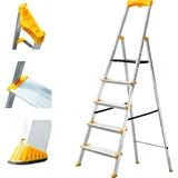 HOSTROM Trittleiter 5 Stufen Aluminium, klappbare sichere Trittleiter mit Werkzeugablage, extra breite Stufen 12 cm, für Haushalt & Profi, 5 Jahre Garantie