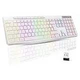 TECURS Tastatur Kabellos Gaming – Leise Tastatur QWERTZ Beleuchtete Ergonomische wasserdichte 2,4 GHz LED-Tastatur für Windows/Mac/PS4/Xbox mit Multimedia-Tasten Weiß